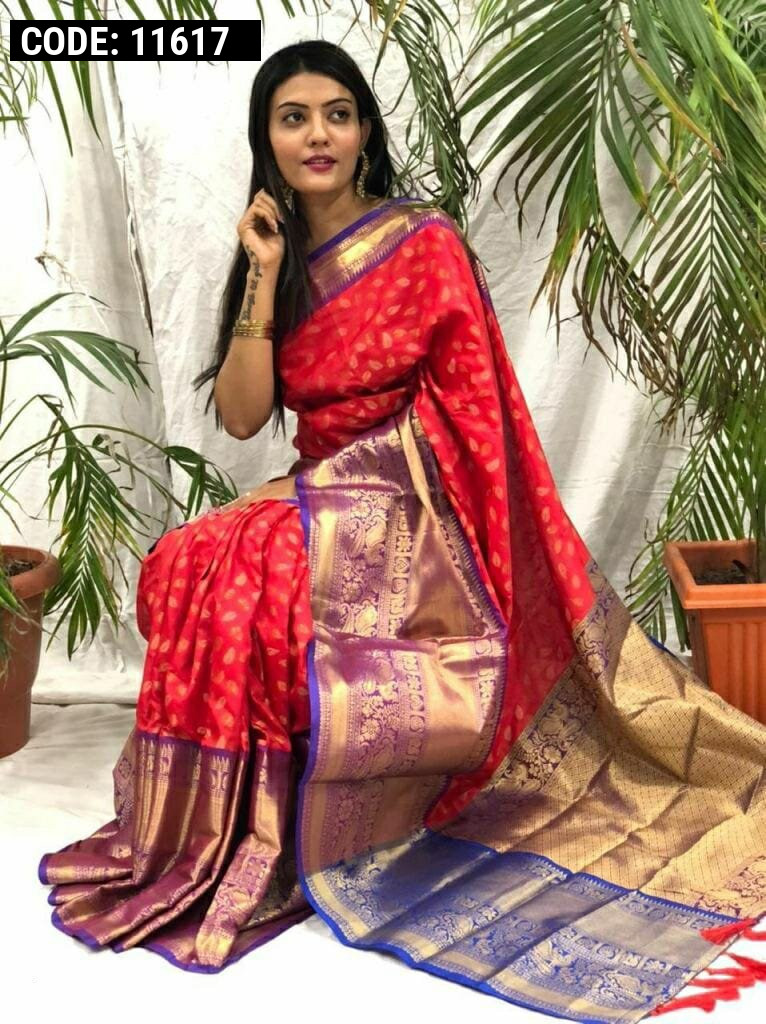 Buy Gold Silk Saree Red Zigzag Work with Floral Blouse Online | trendwati
