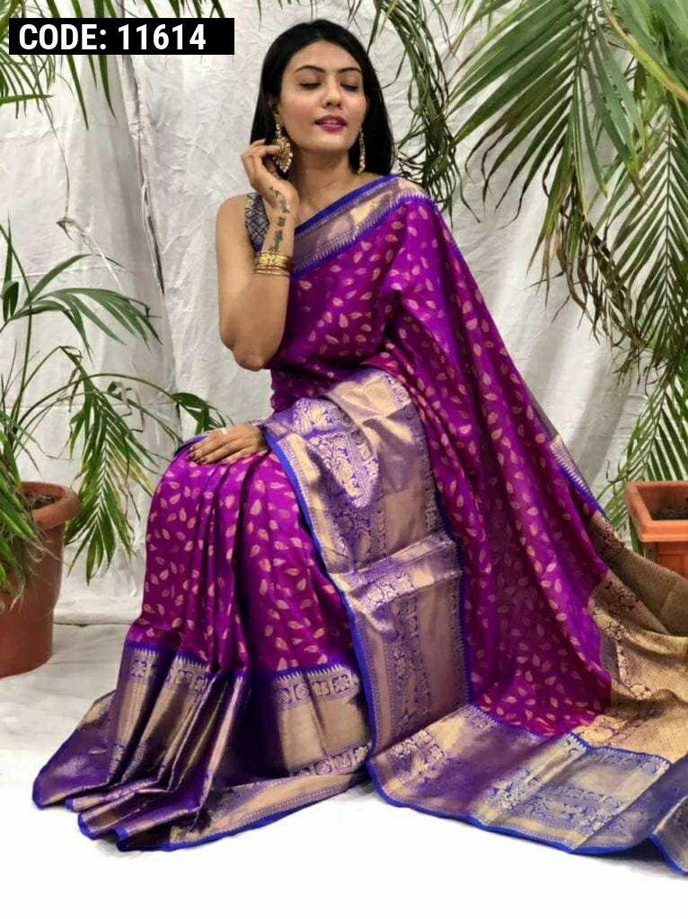 Dark Magenta Color Opara Silk saree, decorated with golden jari work -  Bursana Fashions