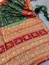 Green and red hand bandhej silk saree with zari weaving work