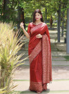 Red color banglori silk saree with kalamkari design