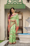 Pista green color linen cotton saree with printed work