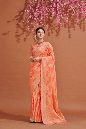 Peach color soft cotton saree with lucknowi work