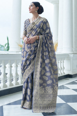 Navy blue color soft cotton saree with lucknowi work