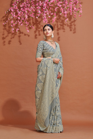 Gray color soft cotton saree with lucknowi work