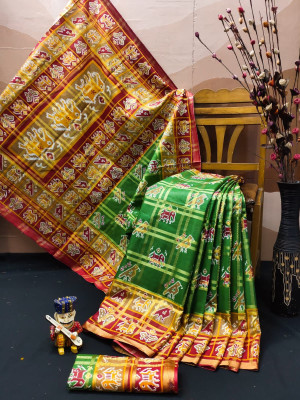 Green and red  color soft cotton saree with block print work