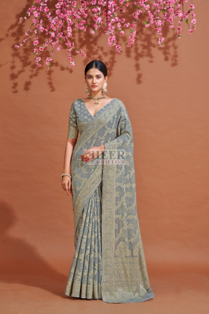 Gray color soft cotton saree with lucknowi work