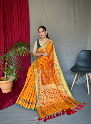 Mustard Yellow Designer Silk Patola Saree With Blouse – Rushini