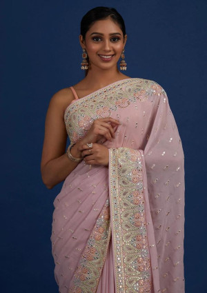 Baby pink color georgette silk saree with embroidery work