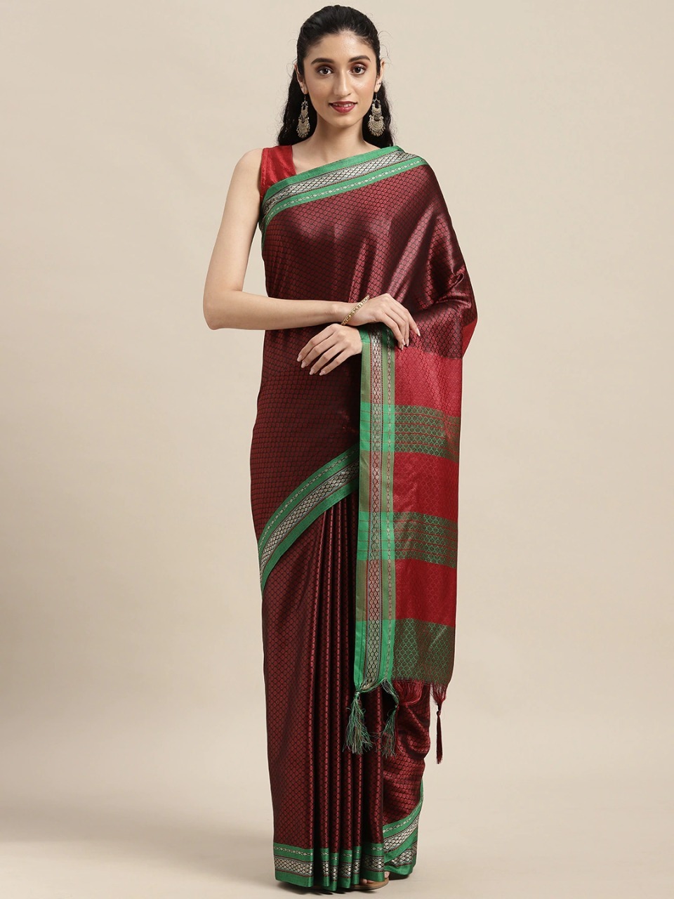 Maroon color cotton silk saree with zari woven work
