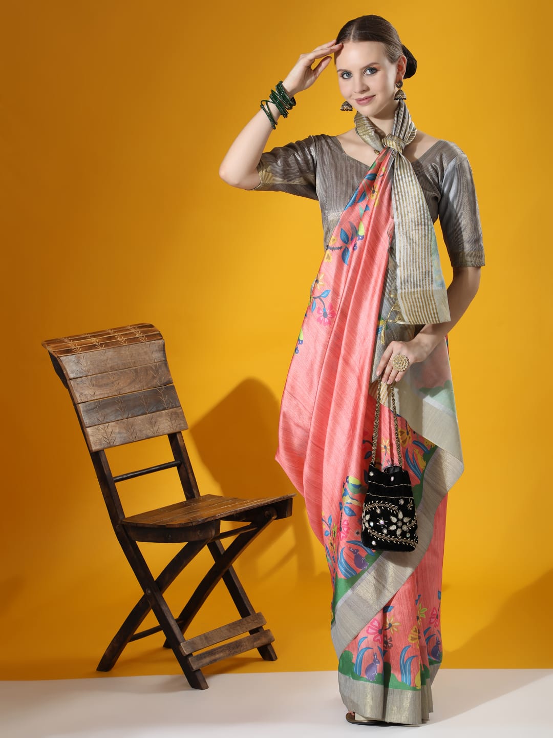 Peach color linen silk saree with digital printed work