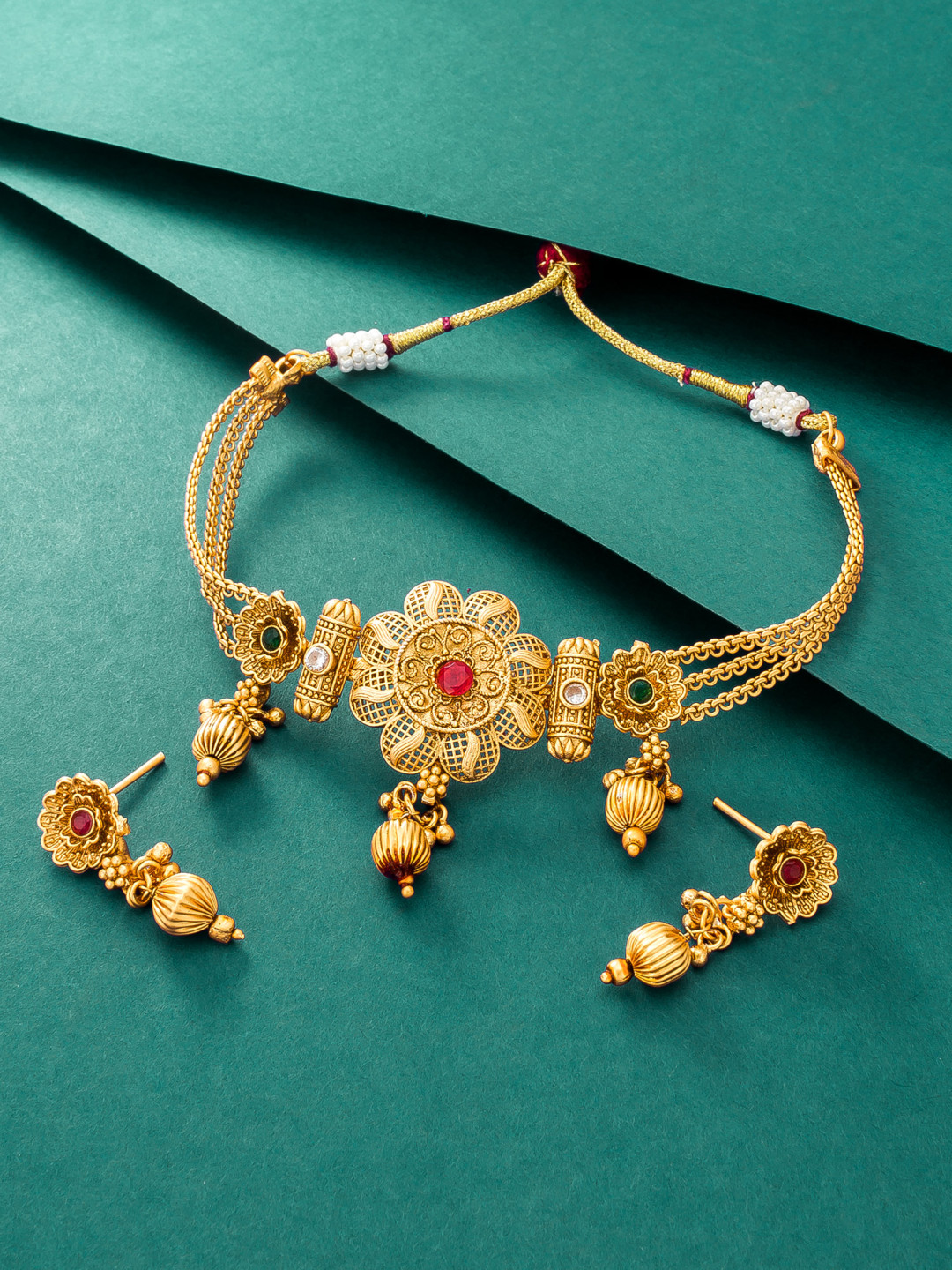 Golden Choker Necklace Set In Embossed Design