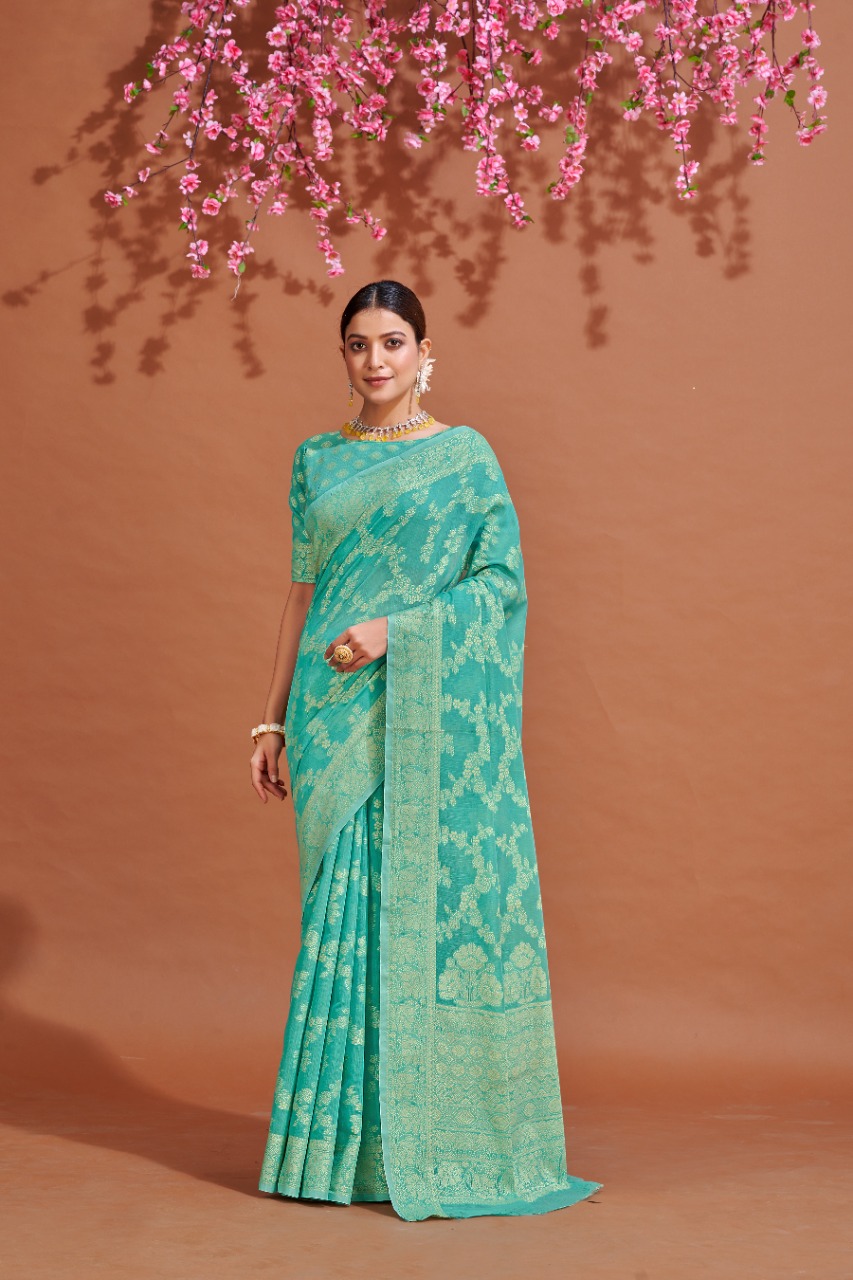 Sea green color soft cotton saree with lucknowi work