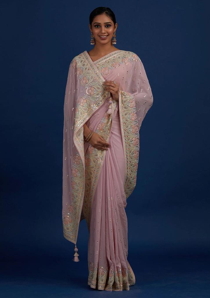 Baby pink color georgette silk saree with embroidery work