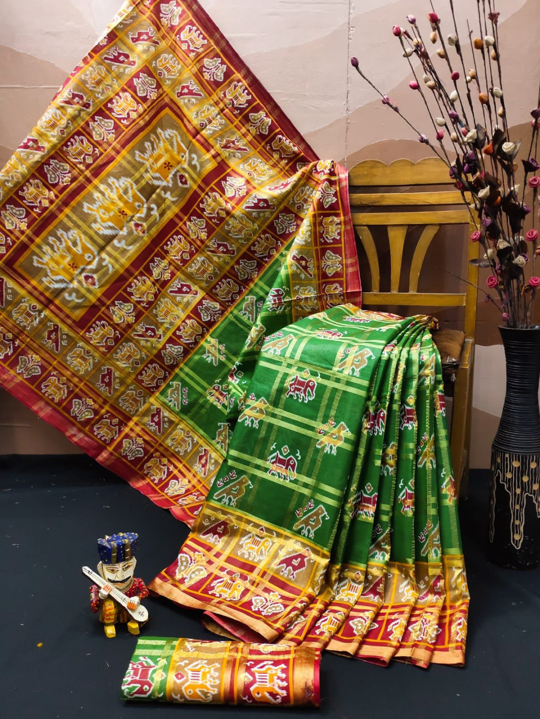 Green and red color soft cotton saree with block print work