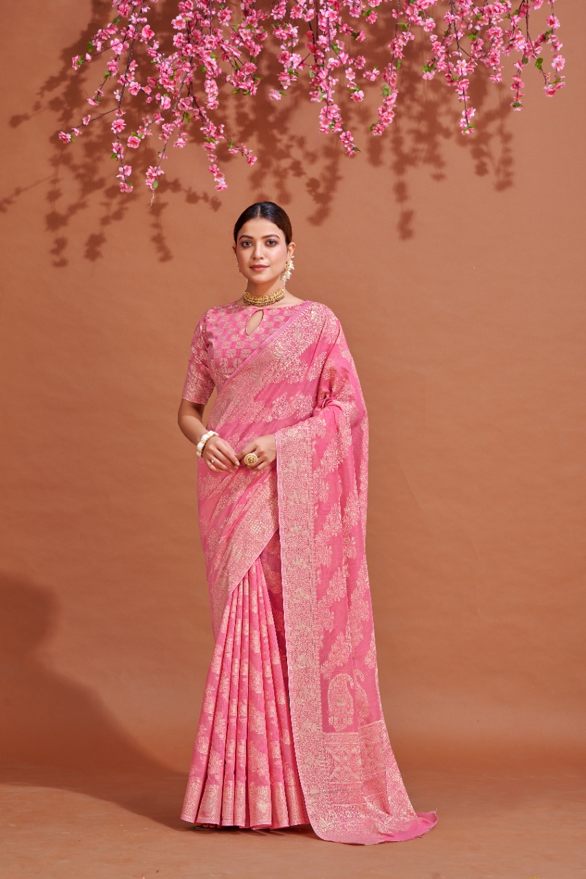 Pink color soft cotton saree with lucknowi work