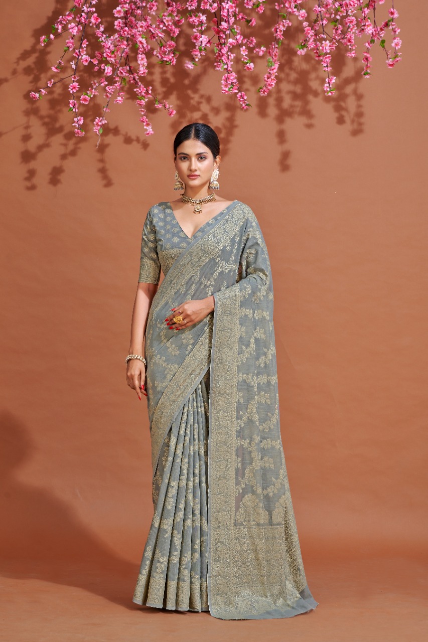 Gray color soft cotton saree with lucknowi work