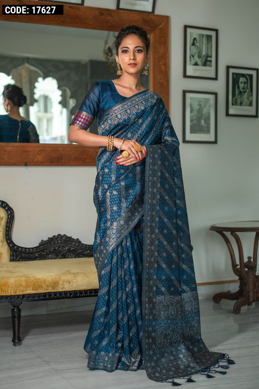 Buy Blue Floral Print Tussar Silk Saree With Unstitched Blouse Piece KALKI  Fashion India