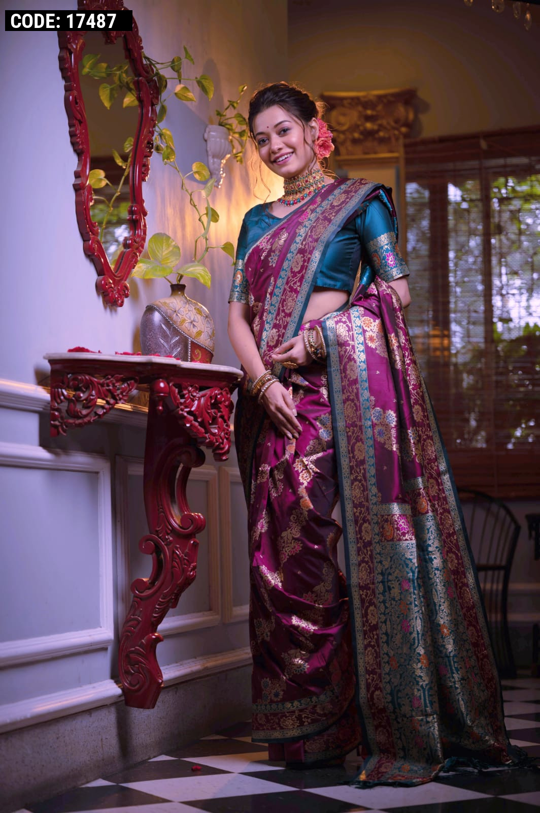 Silk Saree with blouse in Magenta colour 5503