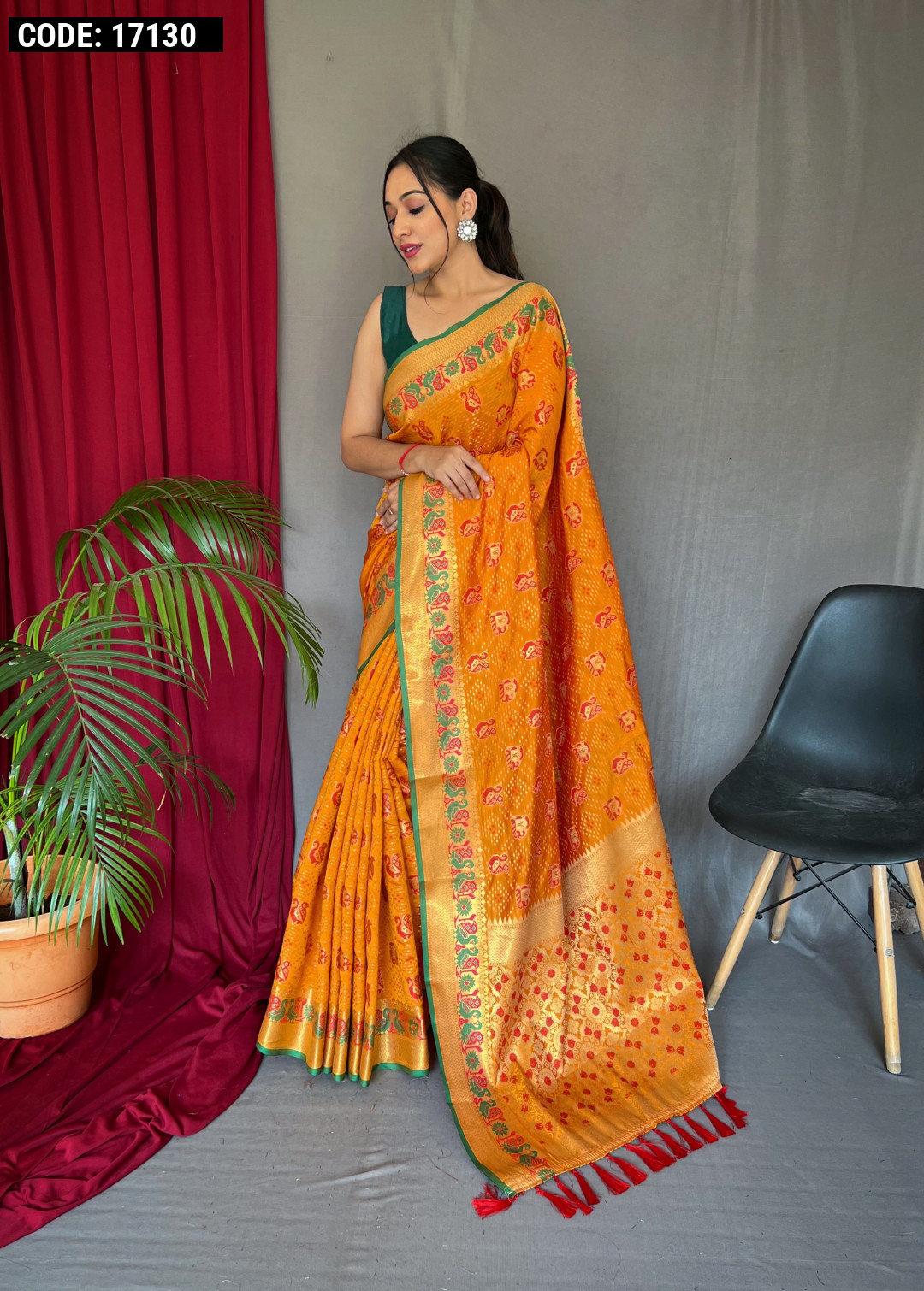 Half n Half Dupion Silk Saree in Orange and Red : SVVA95