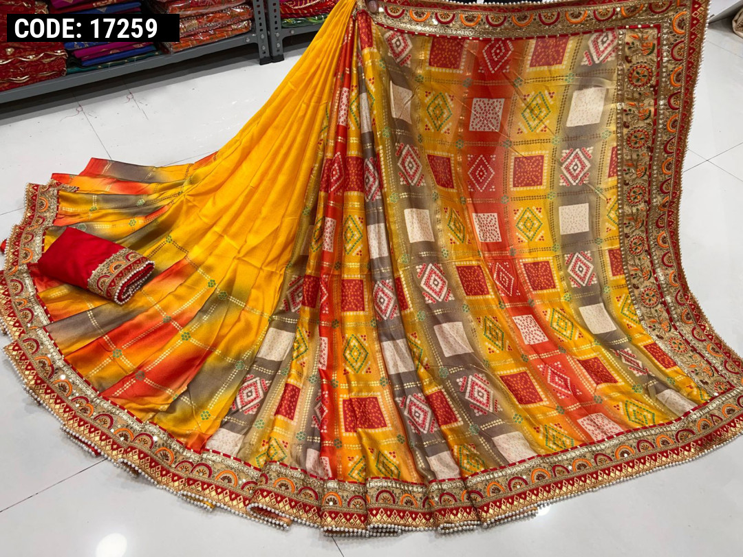 Yellow color dola silk saree with printed and sequence work