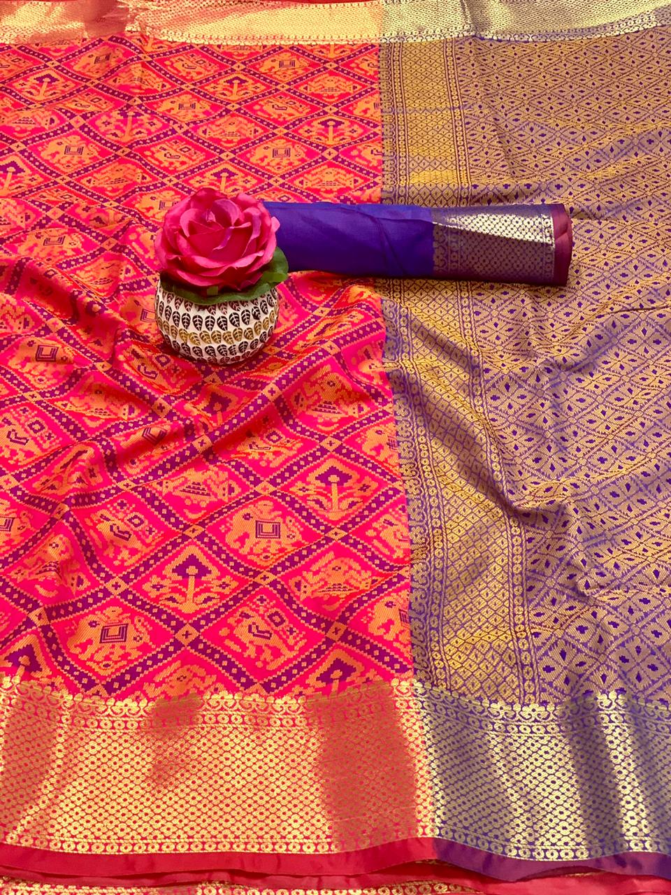 Pink color banarasi silk weaving patola saree