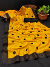 Yellow color vichitra silk saree with embroidery work