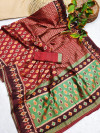 Red color tussar silk saree with woven work