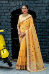 Yellow color linen cotton saree with embroidery work
