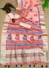 Peach color soft mulberry silk saree with zari woven border