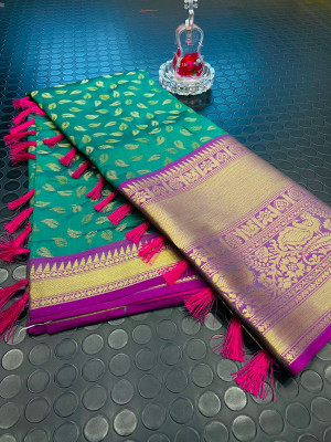Rama green color kanchipuram silk saree with zari woven work