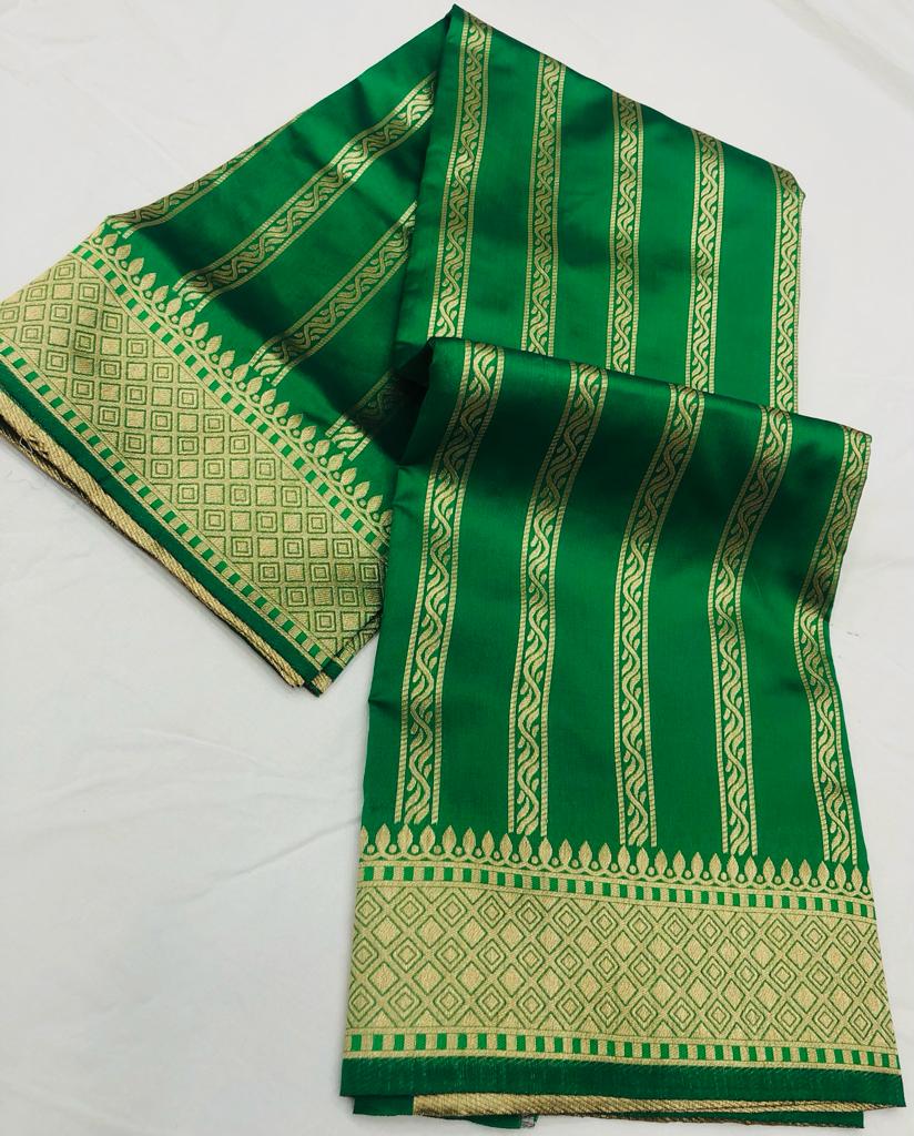 Green color soft banarasi silk saree with golden zari weaving work
