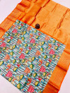 Sea green and orange color fancy silk saree with digital printed work