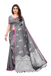 Gray color lichi silk saree with silver zari weaving work
