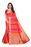 Red and pink color banarasi silk saree with zari woven work