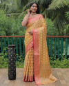 Yellow color linen silk saree with zari weaving work