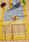 Yellow and sky blue color tussar silk saree with kalamkari design