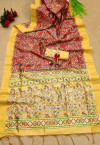 Yellow and maroon color tussar silk saree with kalamkari design