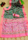 Pink and dark green color linen silk saree with digital printed work