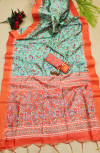 Orange and sky blue color tussar silk saree with kalamkari design