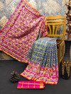 Rani pink and gray color soft cotton saree with patola printed work