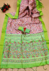 Parrot green  and pink color tussar silk saree with kalamkari design
