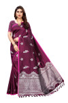 Magenta color lichi silk saree with silver zari weaving work