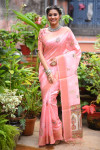 Peach color linen silk saree with printed work
