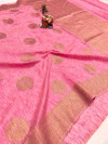 Light pink color linen silk saree with zari weaving work