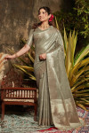 Mehndi green color linen silk saree with zari woven work