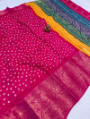 Pink color jacquard silk saree with bandhej printed work