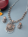 Peach Oxidised Necklace And Jhumka Set