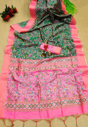 Pink and dark green color linen silk saree with digital printed work