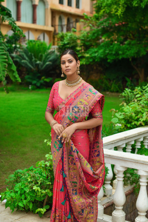 Pink color banarasi silk saree with zari weaving work