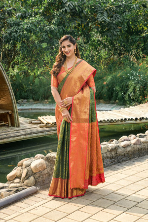 Dark Orange Beautiful Mango Butta Saree with Unstitched Blouse